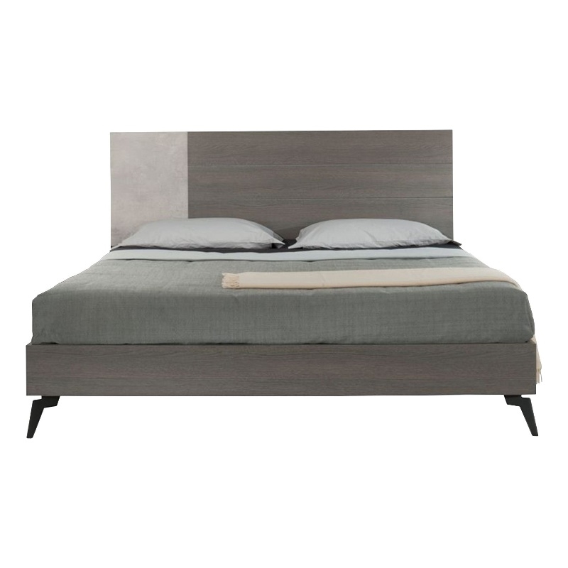 Leen King Size Platform Bed- Black Metal Legs- Gray Panel Headboard