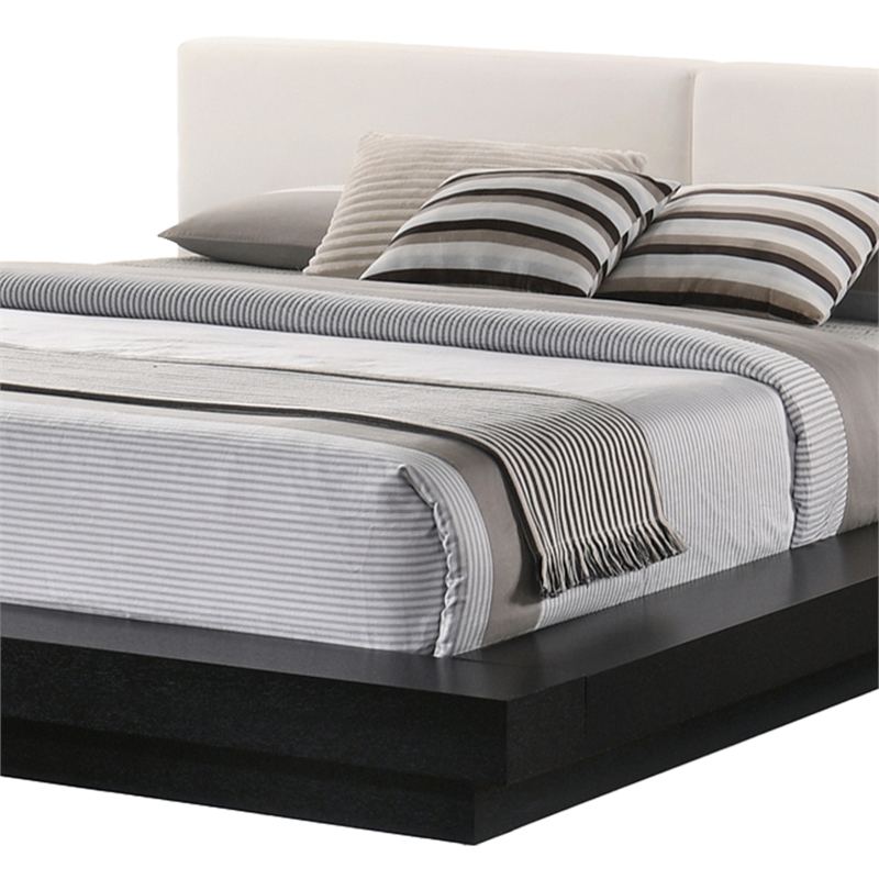 Nia King Platform Bed- White Faux Leather Upholstery Black Nightstands