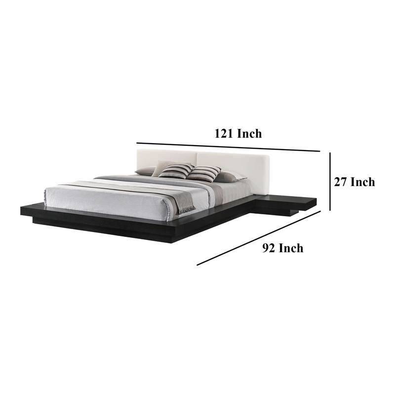 Nia King Platform Bed- White Faux Leather Upholstery Black Nightstands