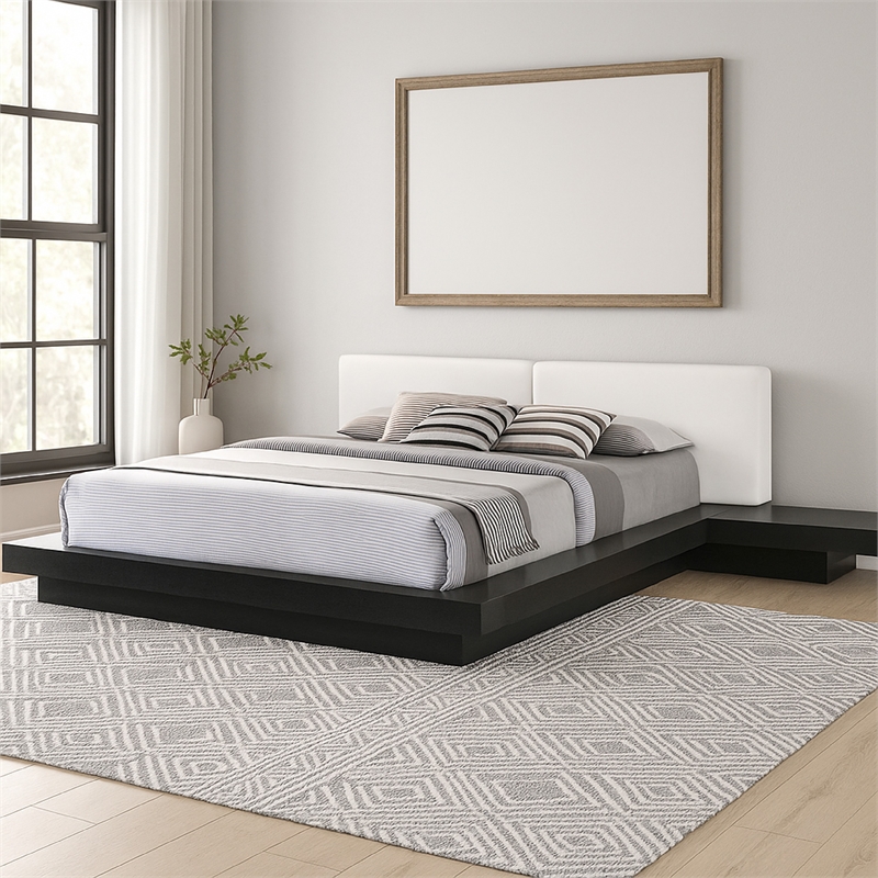 Nia King Platform Bed- White Faux Leather Upholstery Black Nightstands