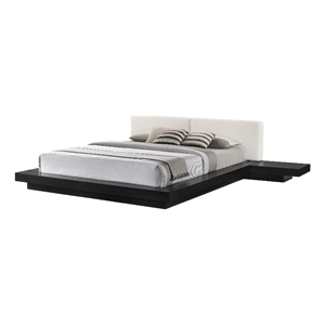 Nia King Platform Bed- White Faux Leather Upholstery Black Nightstands