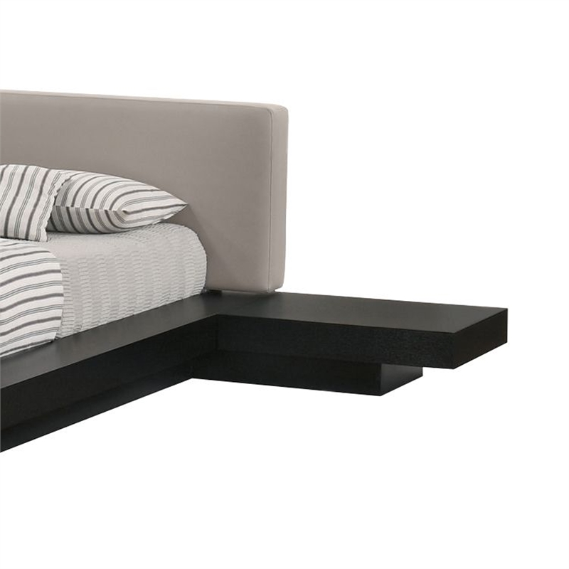 Nia King Platform Bed- Gray Faux Leather Upholstery- Black Nightstands