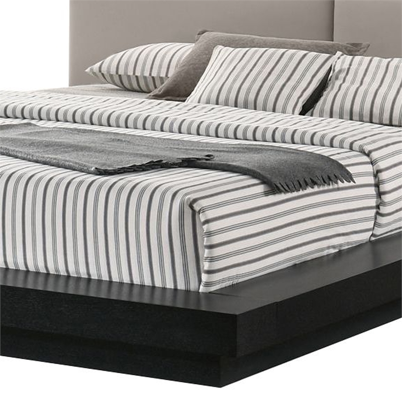Nia King Platform Bed- Gray Faux Leather Upholstery- Black Nightstands