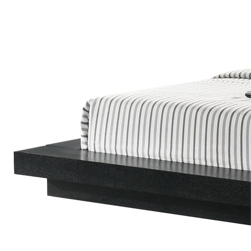 Nia King Platform Bed- Gray Faux Leather Upholstery- Black Nightstands