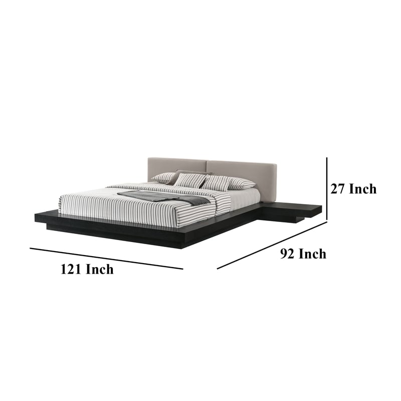 Nia King Platform Bed- Gray Faux Leather Upholstery- Black Nightstands