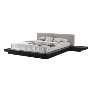 Nia King Platform Bed- Gray Faux Leather Upholstery- Black Nightstands