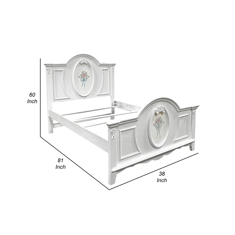 Auri Full Size Bed- Floral Motifs Arched Headboard- Classic White Wood