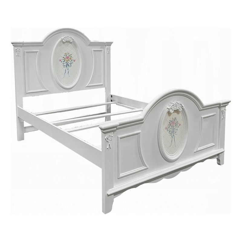 Auri Full Size Bed- Floral Motifs Arched Headboard- Classic White Wood