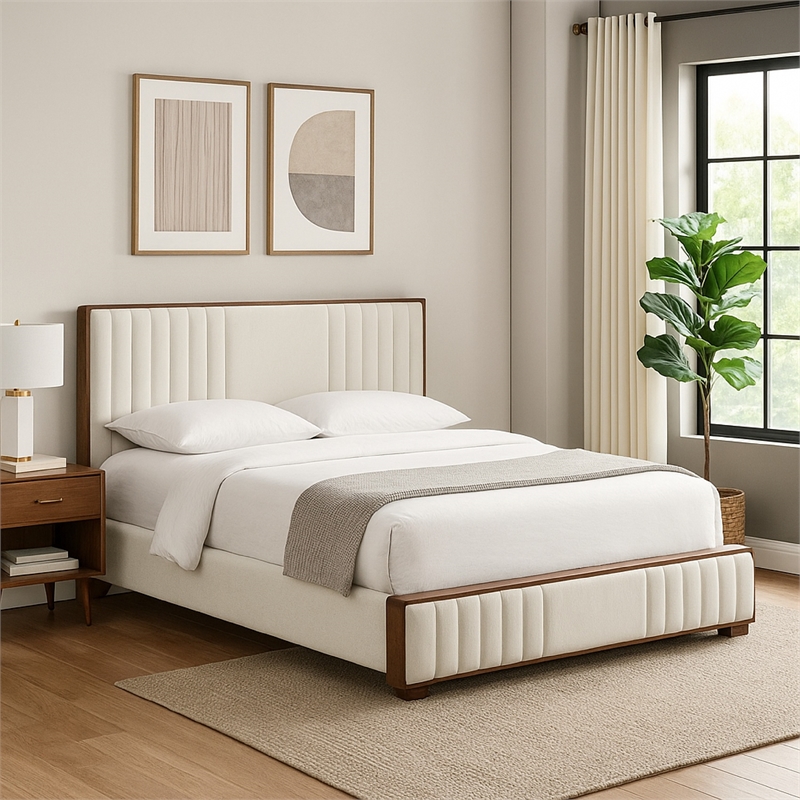Lesa Queen Bed- Channel Tufted Beige Chenille Upholstery- Walnut Brown