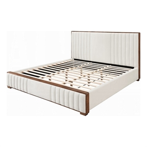 Lesa Queen Bed- Channel Tufted Beige Chenille Upholstery- Walnut Brown