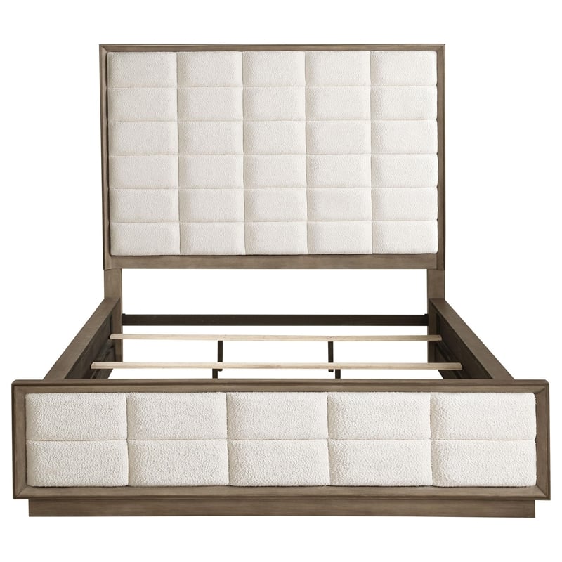 Lyni California King Bed- Grid Tufted Ivory Upholstery- Oak Brown