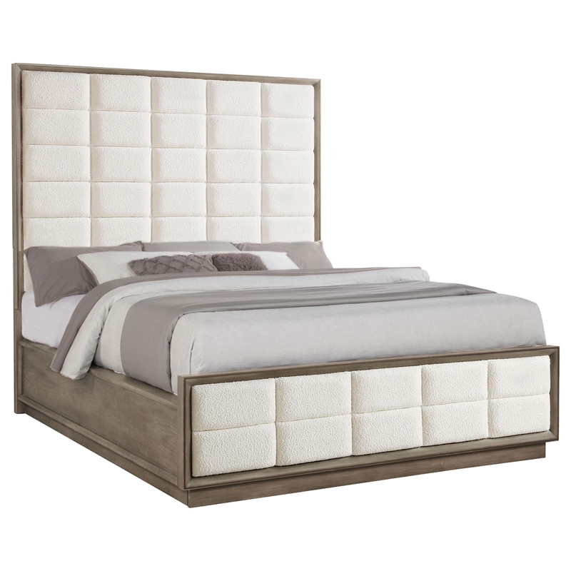 Lyni California King Bed- Grid Tufted Ivory Upholstery- Oak Brown