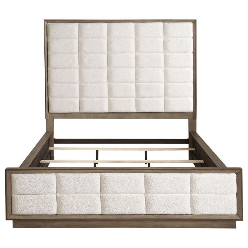 Lyni California King Bed- Grid Tufted Ivory Upholstery- Oak Brown