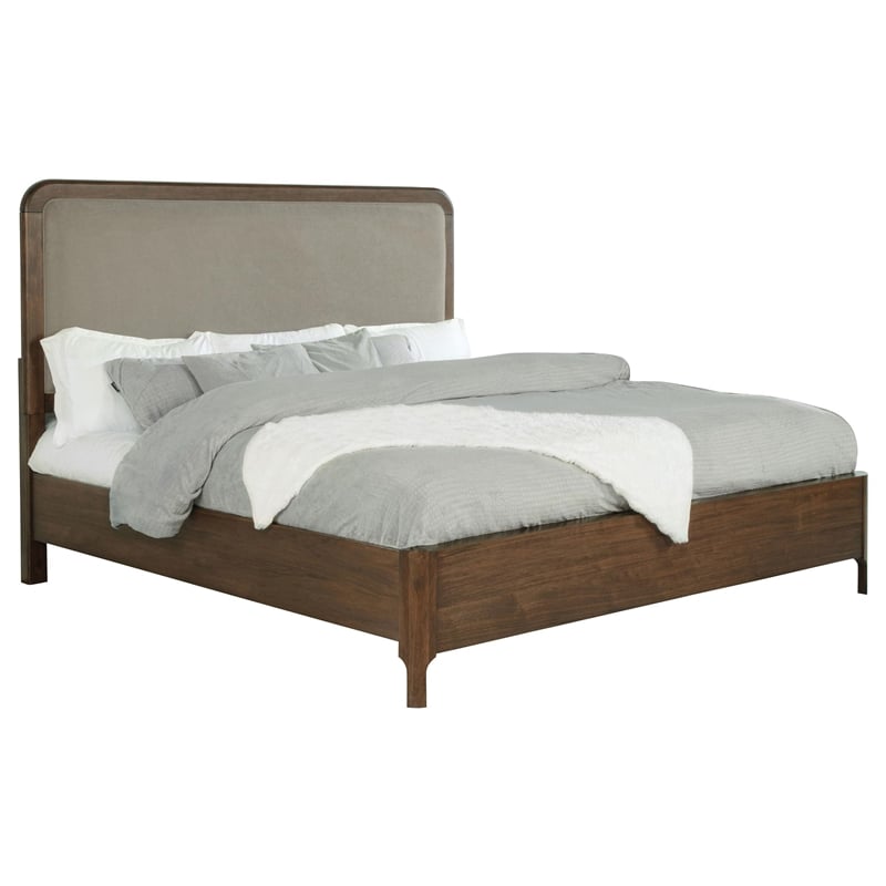 Rie King Size Bed- Taupe Gray Upholstered Headboard- Walnut Brown Wood