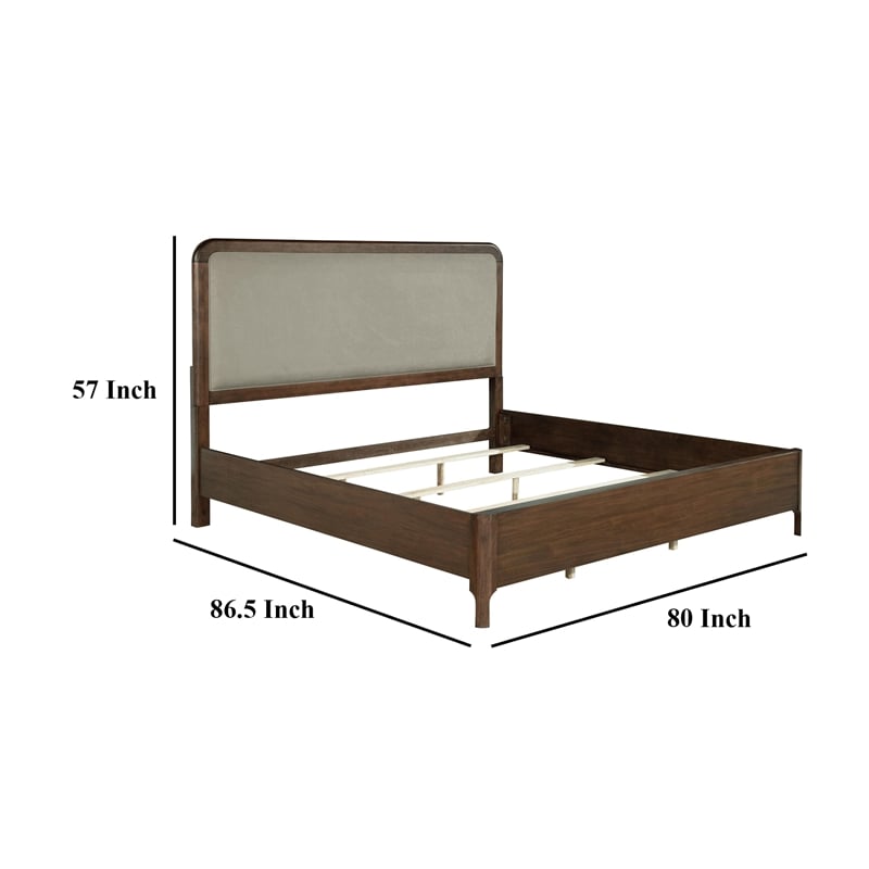 Rie King Size Bed- Taupe Gray Upholstered Headboard- Walnut Brown Wood
