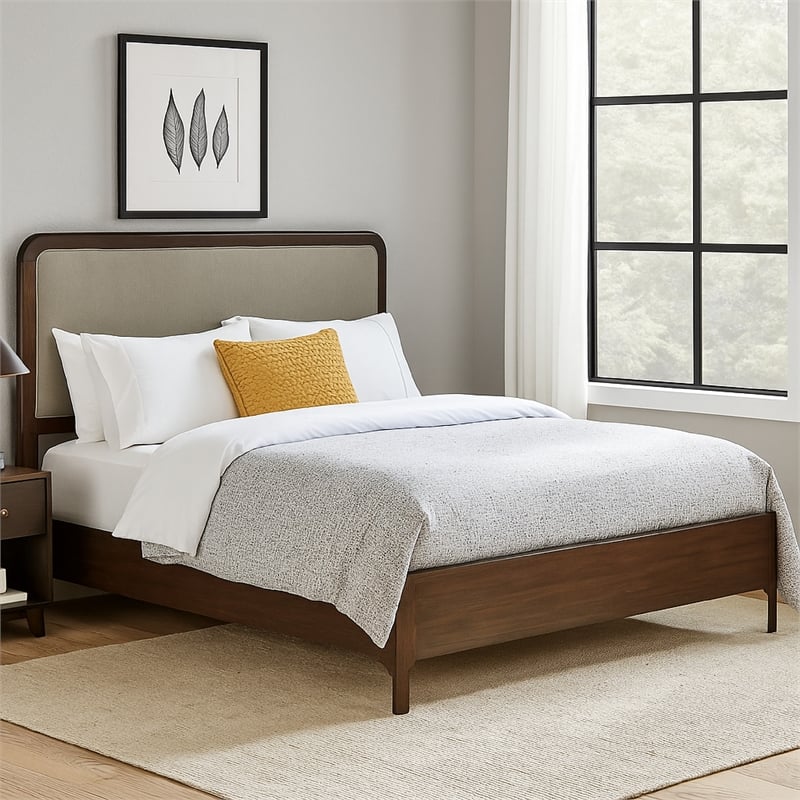Rie King Size Bed- Taupe Gray Upholstered Headboard- Walnut Brown Wood
