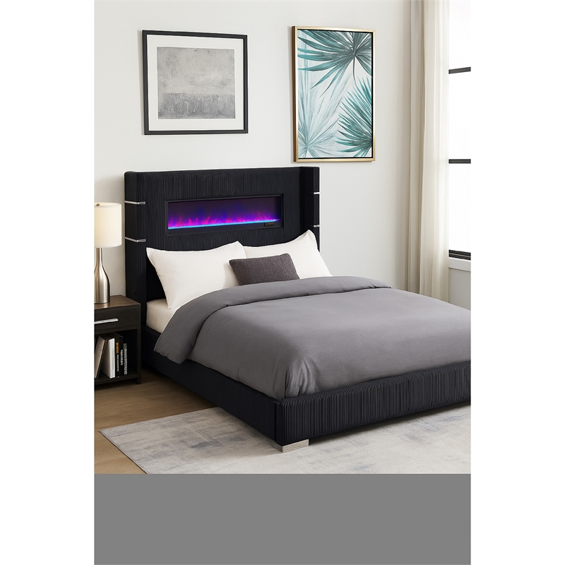 Caro California King Bed- Wingback Panel w LED Flame- Black Upholstery
