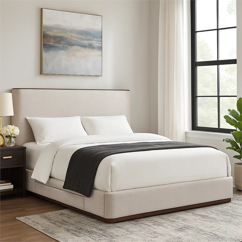Orion Full Size Bed with Built-In Storage Drawer- Medium Gray Fabric