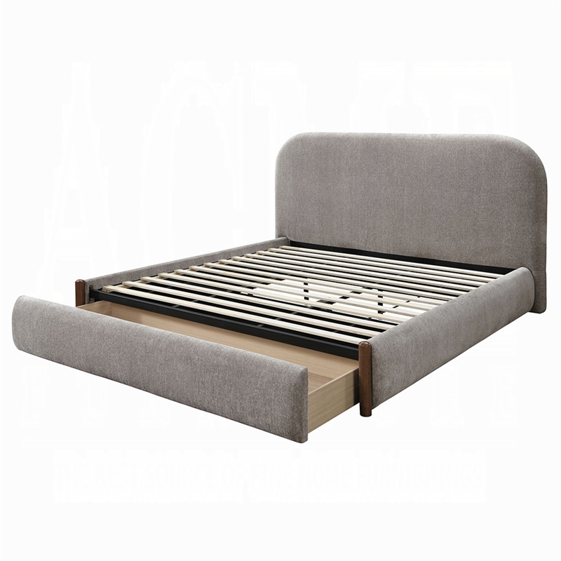 Orion Queen Size Bed with Built-In Storage Drawer- Medium Gray Fabric
