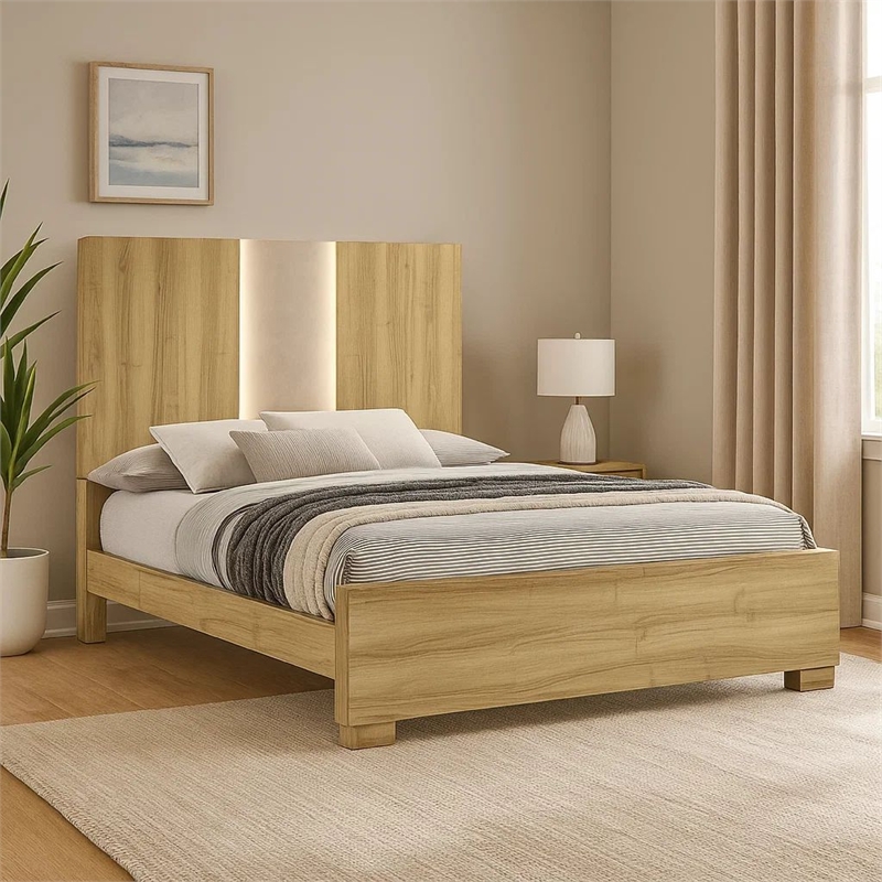 Amey King Panel Bed with Built In Light- White Trim- Brown Driftwood
