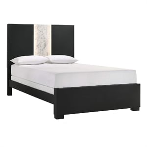 Amey Queen Panel Bed- Built In Light- White Marble Trim- Black Wood