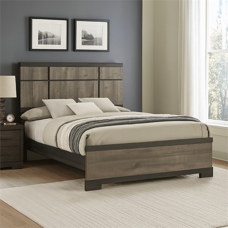 Ruthe Queen Panel Bed with Horizontal Trim Lines- Gray Grained Wood