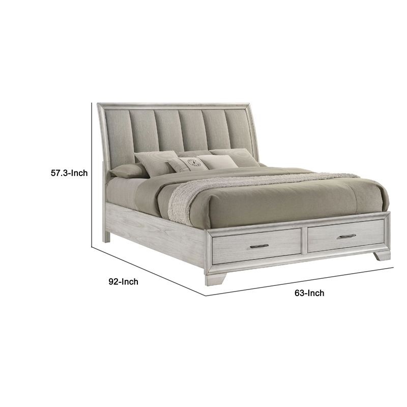 Jeni Queen Size Storage Bed- 2 Drawer Footboard- White Mist Upholstery