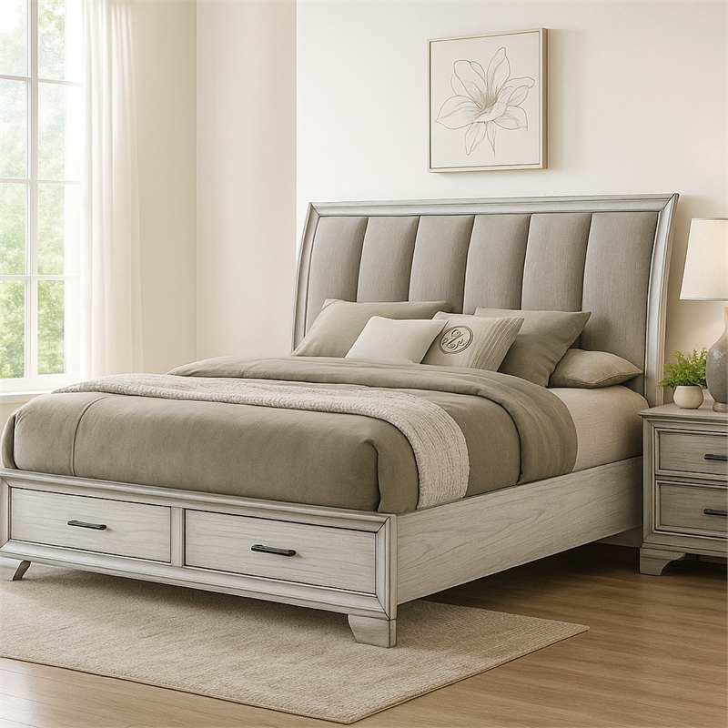 Jeni Queen Size Storage Bed- 2 Drawer Footboard- White Mist Upholstery