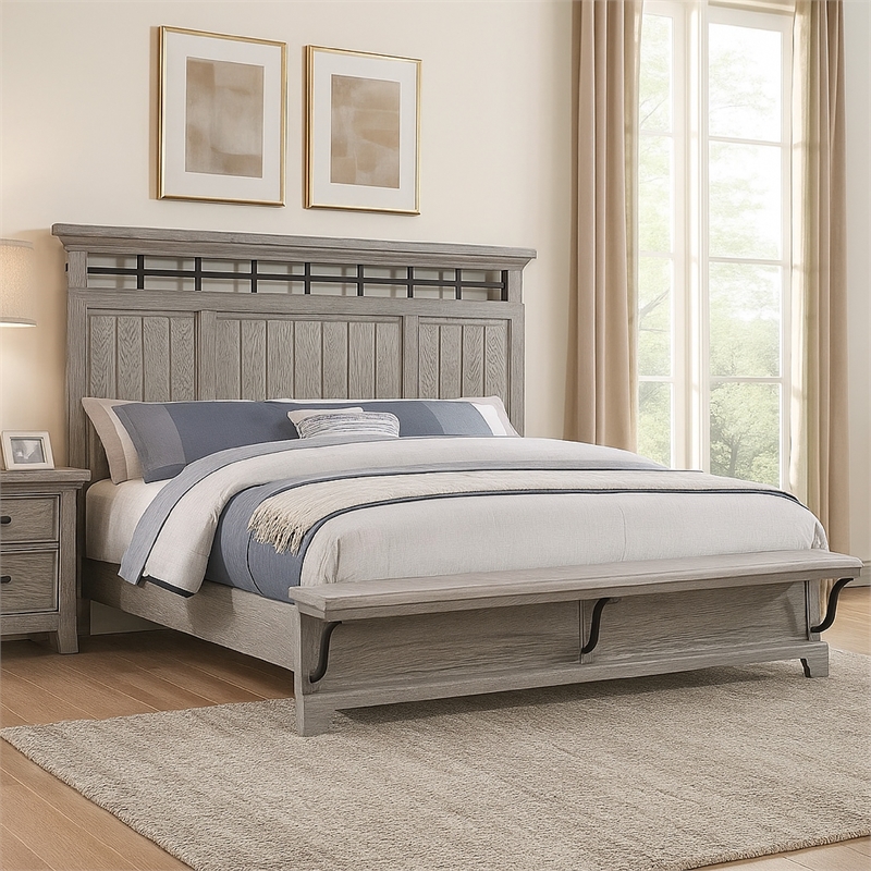 Bix King Size Bed w Upholstered Footboard- Light Gray Wood Grain