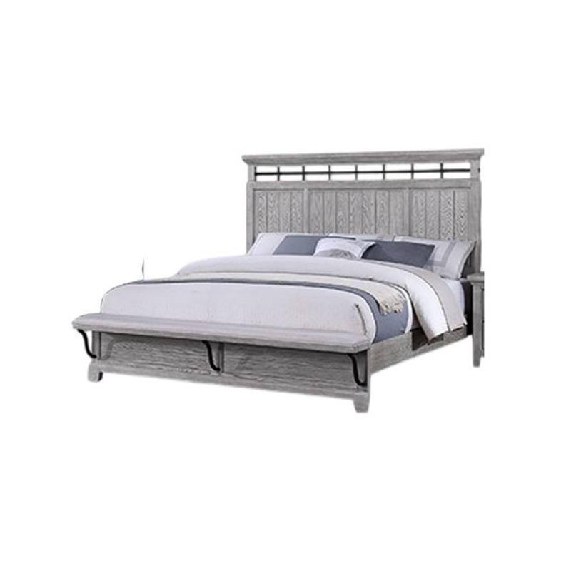 Bix Queen Size Bed w Upholstered Footboard- Light Gray Wood Grain