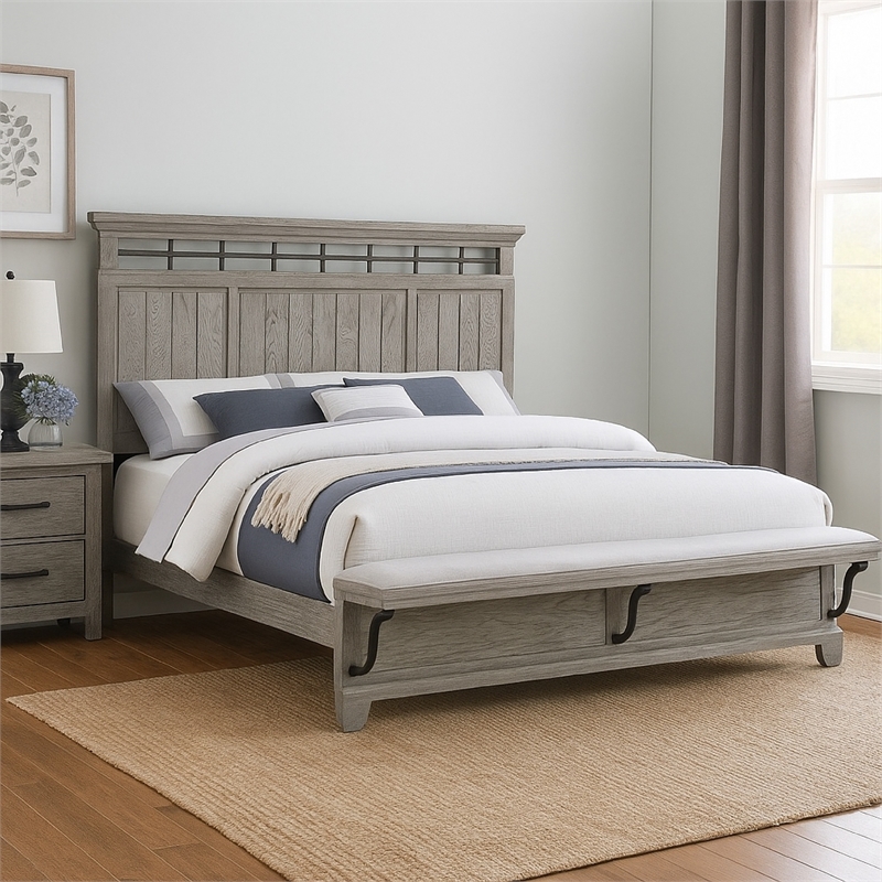 Bix Queen Size Bed w Upholstered Footboard- Light Gray Wood Grain