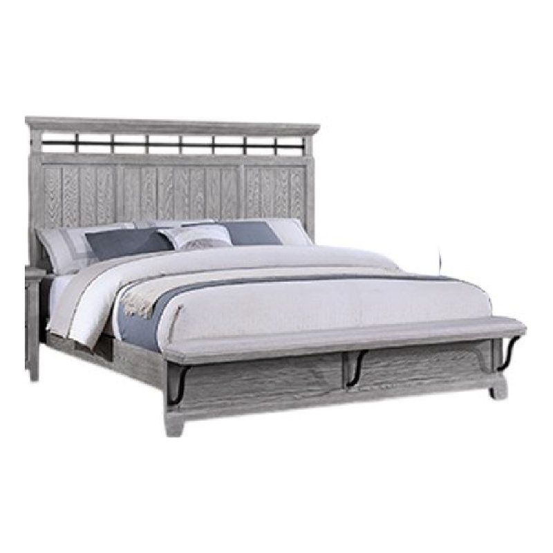 Bix Queen Size Bed w Upholstered Footboard- Light Gray Wood Grain