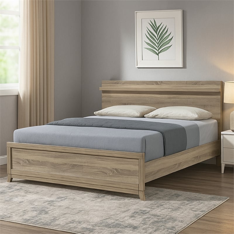 Tily Queen Size Bed w Panel Footboard- Natural Brown Wood Veneers