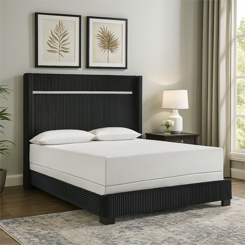 Geny King Size Bed w Channel Tufted Headboard- Silver Trim- Black