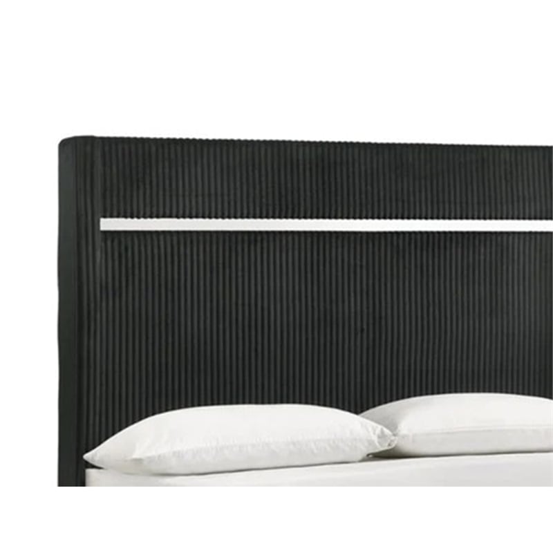 Geny Queen Size Bed w Channel Tufted Headboard- Silver Trim- Black