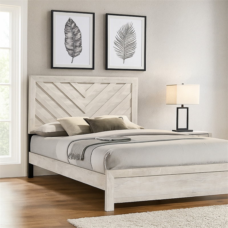 Velz Twin Size Bed w Chevron Patterned Headboard- Beige Wood Finish
