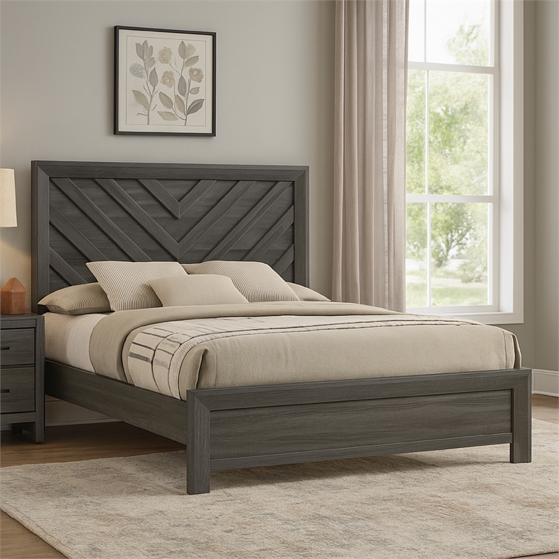 Velz Queen Size Bed w Chevron Patterned Headboard- Dark Gray Wood