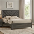 Velz Queen Size Bed w Chevron Patterned Headboard- Dark Gray Wood
