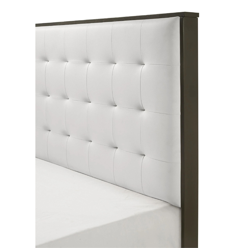 Hez Full Size Bed- Cream White Tufted Headboard Upholstery- Dark Brown