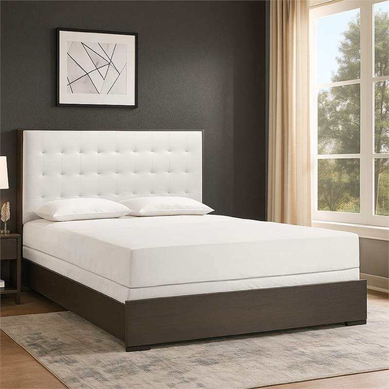 Hez Full Size Bed- Cream White Tufted Headboard Upholstery- Dark Brown