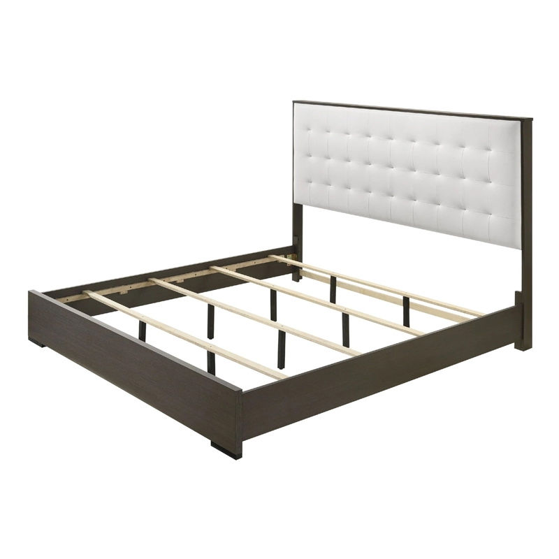 Hez Queen Size Bed- Tufted Cream White Headboard Upholstery- Dark Brown