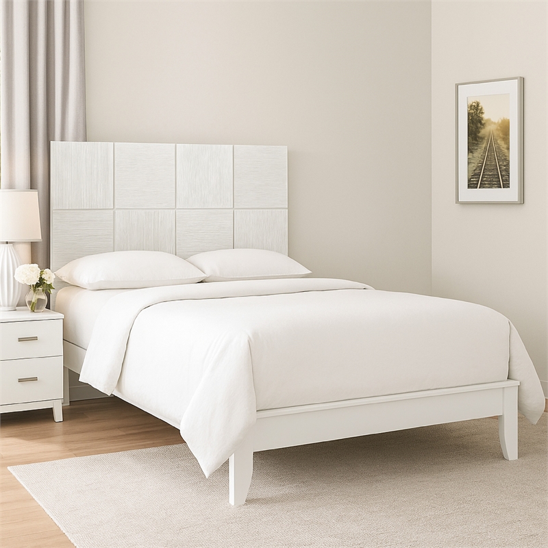 Deny Queen Size Bed w Grid Pattern Headboard- Tapered Front Legs- White