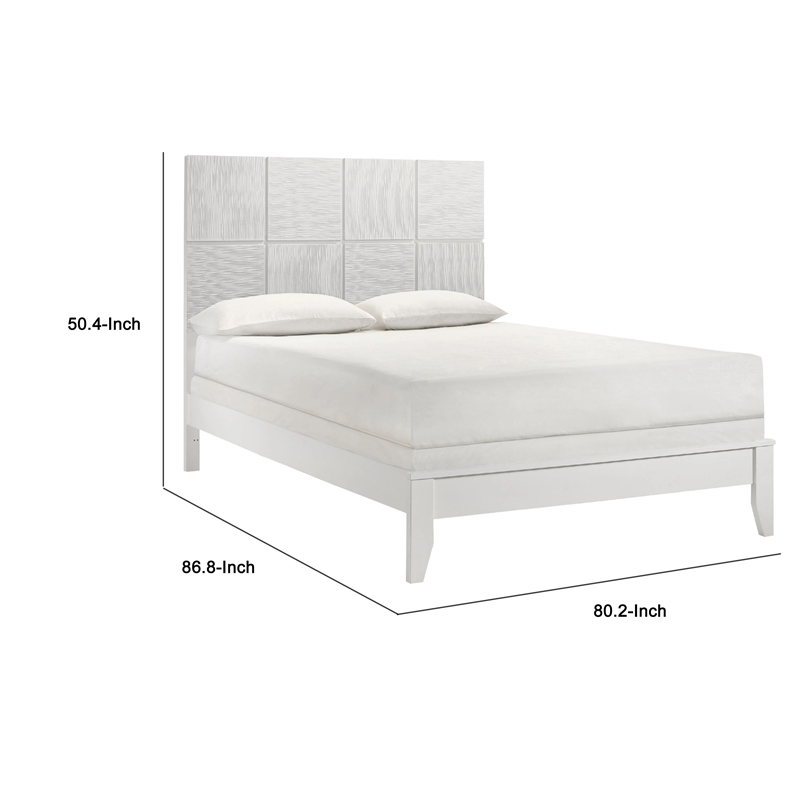 Deny Queen Size Bed w Grid Pattern Headboard- Tapered Front Legs- White