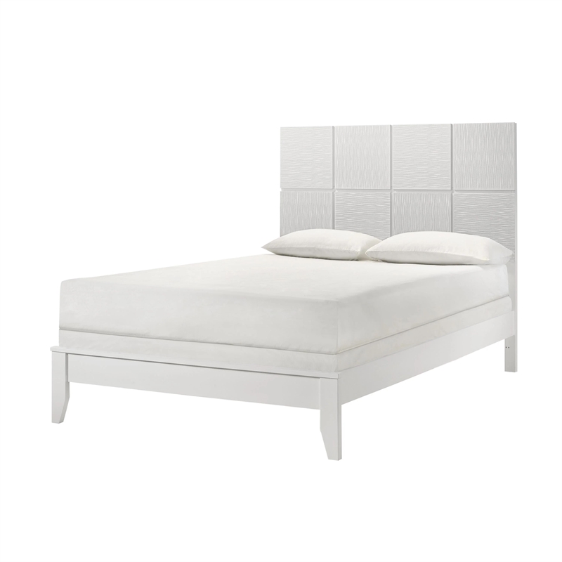 Deny Twin Size Bed w Grid Pattern Headboard- Tapered Front Legs- White