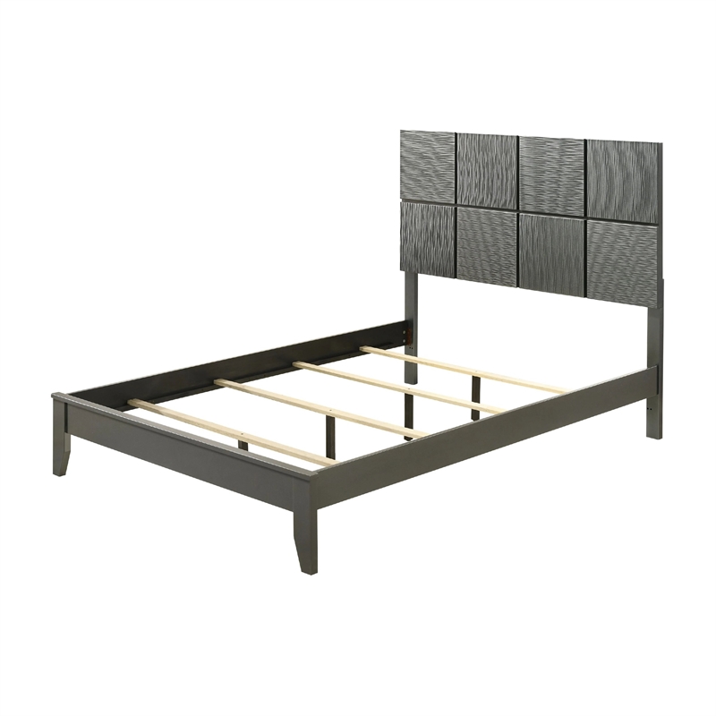 Deny Queen Size Bed w Pattern Headboard- Tapered Front Legs- Metallic Gray