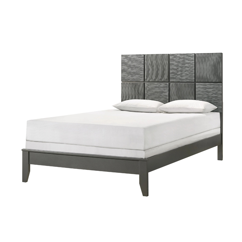 Deny Queen Size Bed w Pattern Headboard- Tapered Front Legs- Metallic Gray