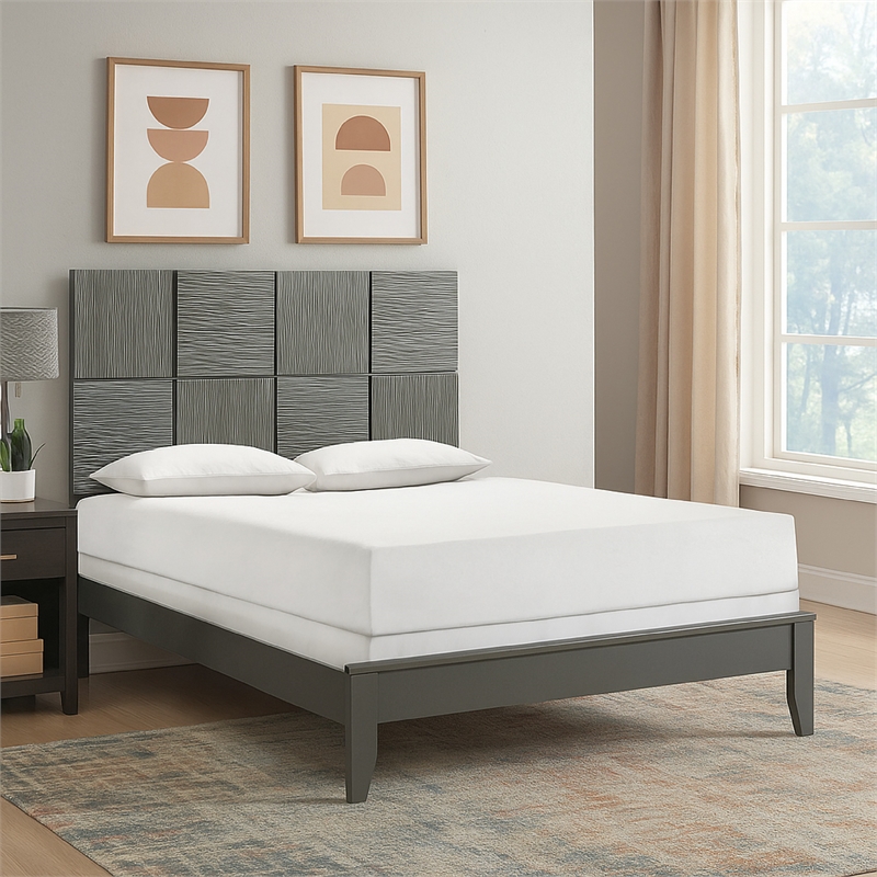 Deny Queen Size Bed w Pattern Headboard- Tapered Front Legs- Metallic Gray