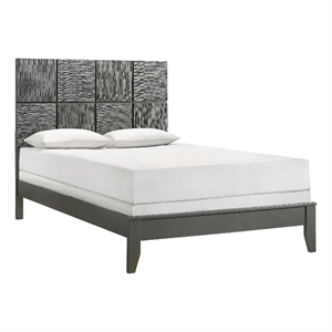 Deny Queen Size Bed w Pattern Headboard- Tapered Front Legs- Metallic Gray