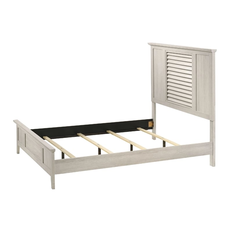 Sary King Size Bed w Tall Louvered Headboard- Tapered Front Legs- Off White