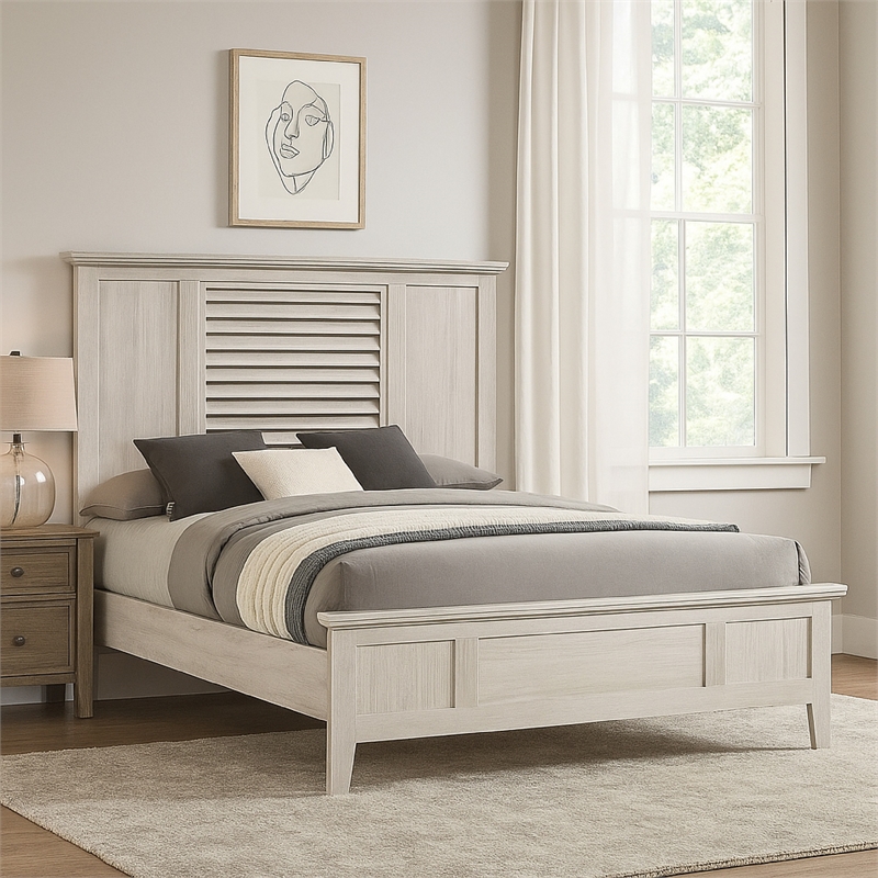 Sary King Size Bed w Tall Louvered Headboard- Tapered Front Legs- Off White